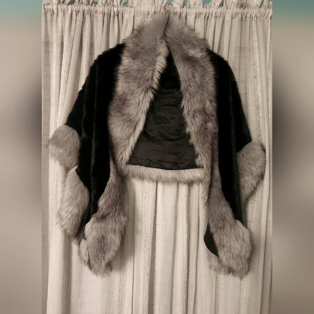 Black and grey faux fur shawl